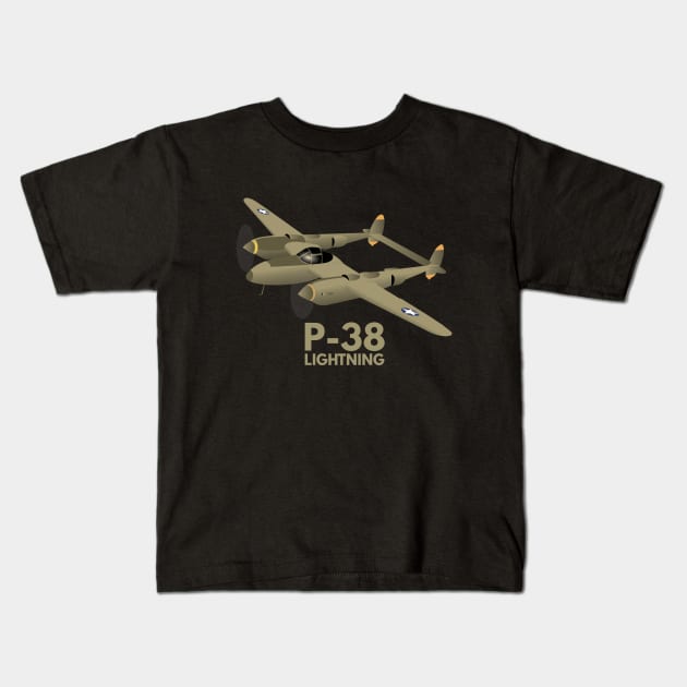 WW2 P-38 Lightning Airplane Kids T-Shirt by NorseTech